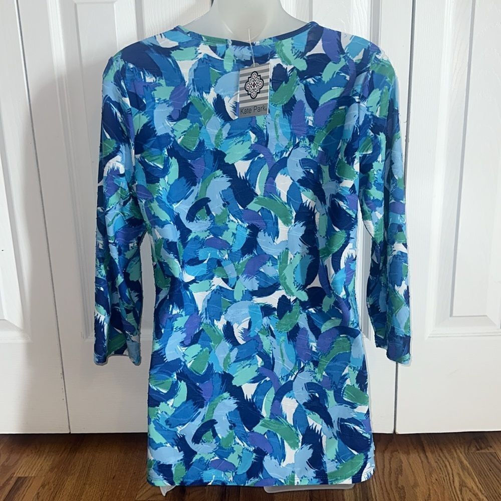 Kate Park 3/4 Sleeve Teal Blue DRESSY Top Blouse Shirt Peep Hole Small S NWT - Picture 3 of 5